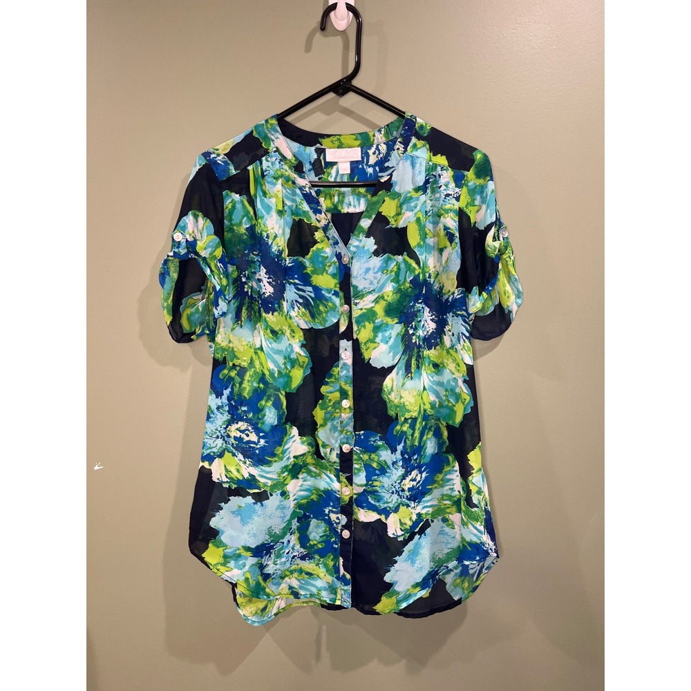 Dressbarn Womens Large Blue Green Floral Sheer Short Sleeve Button‎ Front Blouse
